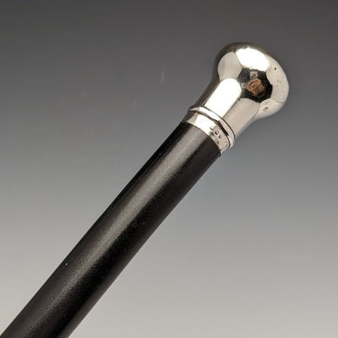 1922 British antique gentleman's walking stick, black shaft, pure silver, round handle, 92cm
